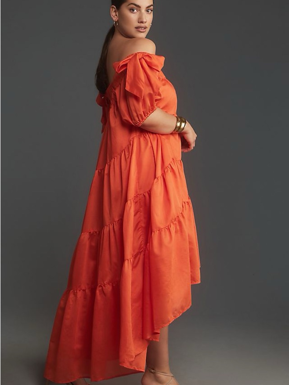 Anthropologie Off-Shoulder Tiered Maxi Dress in orange- high low- brand new tags - Picture 3 of 5